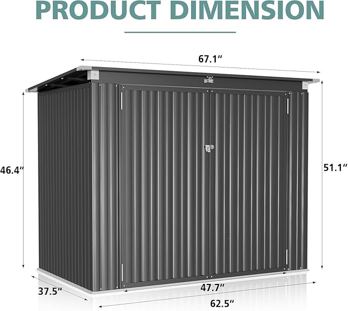 80 Cu. Ft Outdoor Trash Can Shed with Pneumatic Support Rod, 5x3 Ft Outdoor Storage Shed w/Lockable Doors & Waterproof Lid Chain, for Patio/Garden/Backyard