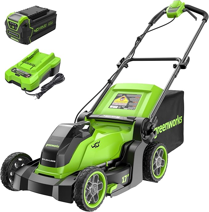 Greenworks 40V 17” Brushless (Push) Cordless Lawn Mower, 4.0Ah Battery and Charger