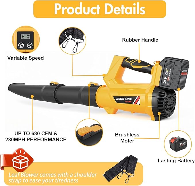 Leaf Blower Cordless, 21V Battery Powered Leaf Blower with 2 x 6.0Ah Batteries and Charger, 6 Speed Levels, 650 CFM 280 MPH Lightweight Leaf Blowers for Lawn Care, Patio, Dust, Blowing Leaves, Snow