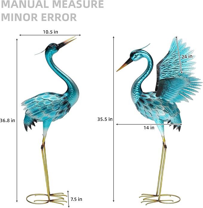 Autodaya 36.75" Metal Crane Garden Statue, Handcrafted Oversized Blue Heron Decor Sculptures with Stable U-Ground Stakes, Backyard Decoration, Metal Garden Bird Animal Yard Art, Lawn Ornament Decor