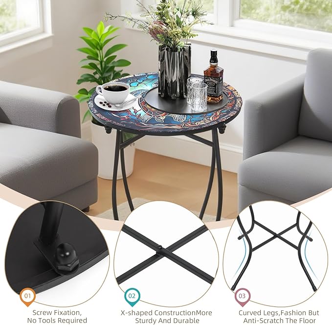 Outdoor Side Tables for Patio, 21" High Round End Table, Weather Resistant Metal Patio Accent Table Indoor and Outdoor End Table for Yard, Garden, Living Room, Bistro, Halloween (Turtle)