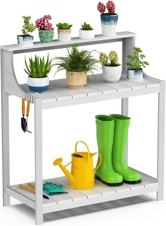 Premium Wood Potting Bench Table with Storage & Hooks - Durable All-Weather Garden Workstation for Patio, Deck & Yard - 360 lbs Capacity, Rust & Fade Resistant