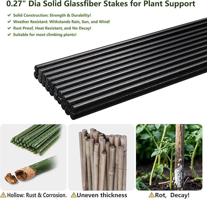Garden Stakes 48 inch 20 Pack 0.27" Dia Solid Glassfiber Plant Support Rod Tomato Trellis Stakes (Black)