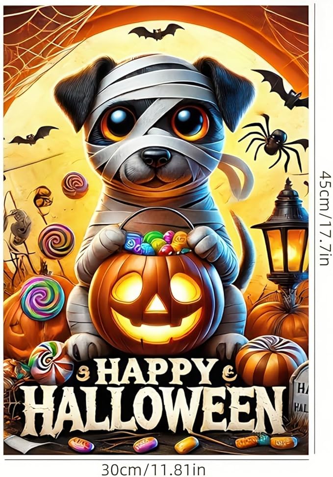 Happy Halloween Garden Flag 12x18 Double Sided Mummy Puppy Ghost Skeleton Dog Garden Flag Candy Trick or Treat Pumpkin Flag Halloween Decorations Banner Fall Décor Outdoor Lawn Yard Flag