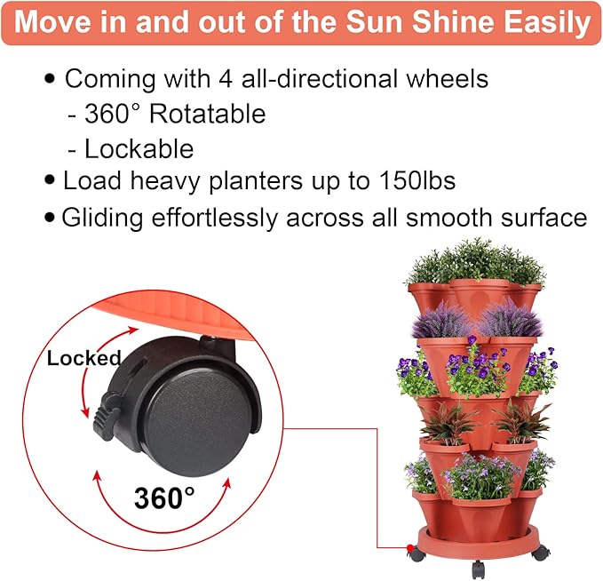 Vertical Planter 5 Tier Stackable Planters Garden Planters Strawberry Herb Flower and Vegetable Planter Indoor Outdoor Gardening Pots with Removable Wheels and Tools 2-Pack