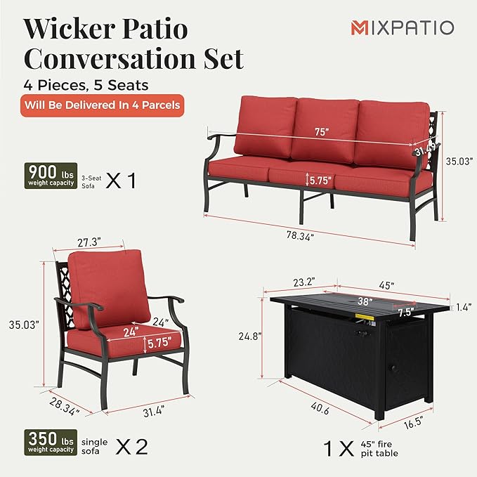 Patio Furniture Set, 4 Pcs Metal Outdoor Conversation Set, 2 Single Chairs and 3 Seater Sofa with 5.75" Extra Thick Cushion and Gas Fire Pit Table for Backyard Deck, Red