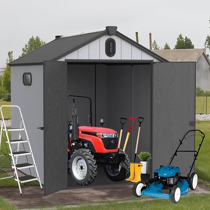 6x8 FT Outdoor Storage Shed with Hinge Door,Window & Air Vent,Outdoor Plastic Tool House W/Waterproof Tilted Roof,Heavy Duty Stroage Unit for Backyard,Patio,Lawn,Garden,Grey+Black