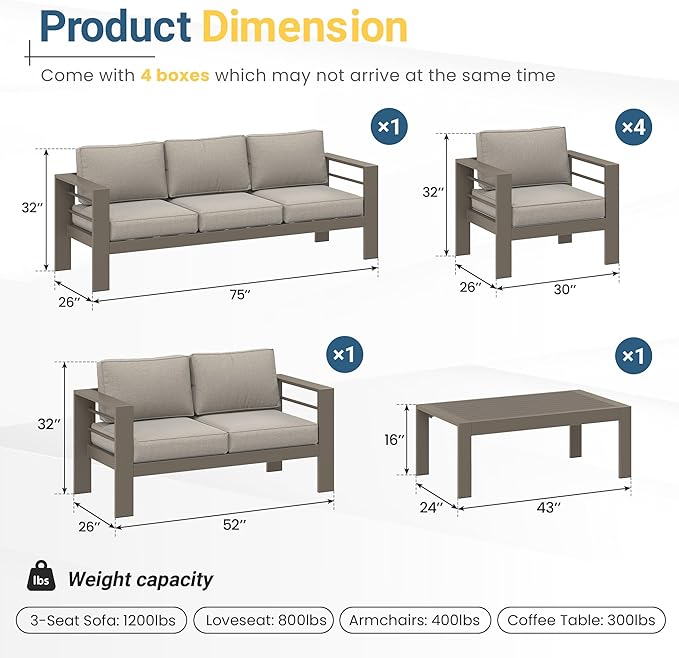 Wisteria Lane 7-Piece Outdoor Patio Furniture Set, Outdoor Sectional Furniture with Upgraded Cushions, Outdoor Conversation Seating Set for Balcony, Garden, Deck, Backyard, Khaki