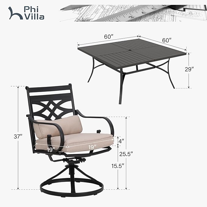 PHI VILLA 9 Pcs Patio Dining Sets,Outdoor Table Chair Set for 8 with Outdoor Swivel Chairs and Metal Frame Steel Square Table,Outdoor Dining Furniture with Cushion and Pillow for Garden Lawn Deck