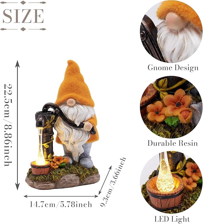 TERESA'S COLLECTIONS Fall Decor, Fall Gnomes Decor, Autumn Garden Gnomes Pumping Water with Solar Lights, Waterproof Resin Outdoor Fall Decor, Fall Gifts Outdoor/Indoor,9"