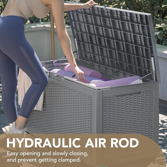 Devoko 95 Gallon Deck Box Large Resin Outdoor Storage Box, Waterproof and UV Resistant Lockable for Outdoor and Patio, Large Storage Cabinet for Patio Furniture, Garden Tools and Pool Supplies, Grey