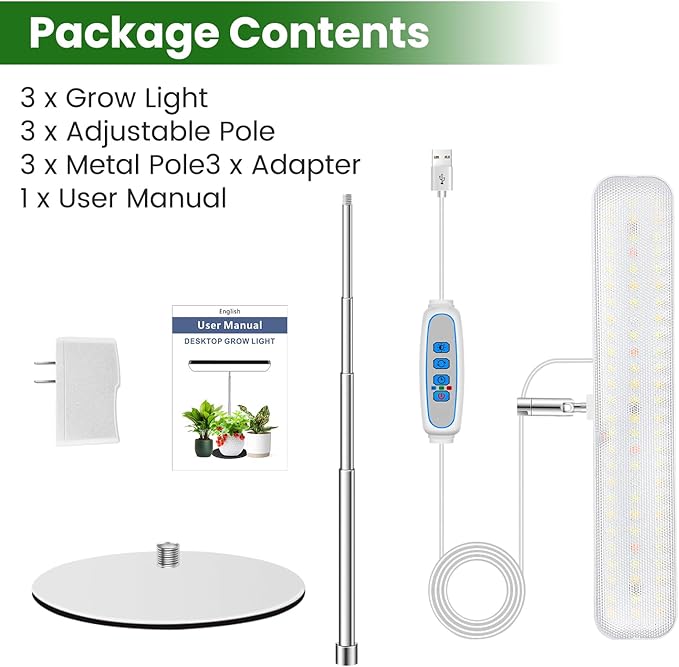 Wiaxulay Grow Lights for Indoor Plants, 78 LEDs Full Spectrum Plant Grow Light, Desk Grow Light with Auto Timer 6/12/16 Hrs, 3 Lighting Modes, 5 Dimmable Levels, Height Adjustable 7.8"-26", 3 Pack