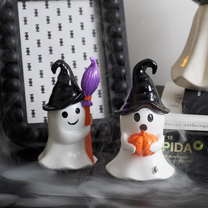 WDS WONDROUS Halloween Decor Ghost Figurines Set of 2 – White Ghosts Decor with Black Witch Hats and Broom&Pumpkin – Resin Cute Ghost Decoration Indoor Table Decor for Shelf Tiered Tray Home