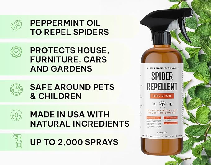Kate's Home & Garden Spider Repellent Indoor. All Natural Peppermint Oil Spray for Spiders & Outdoor (16oz, Non Toxic Pesticide & Insecticide, Pet Safe)