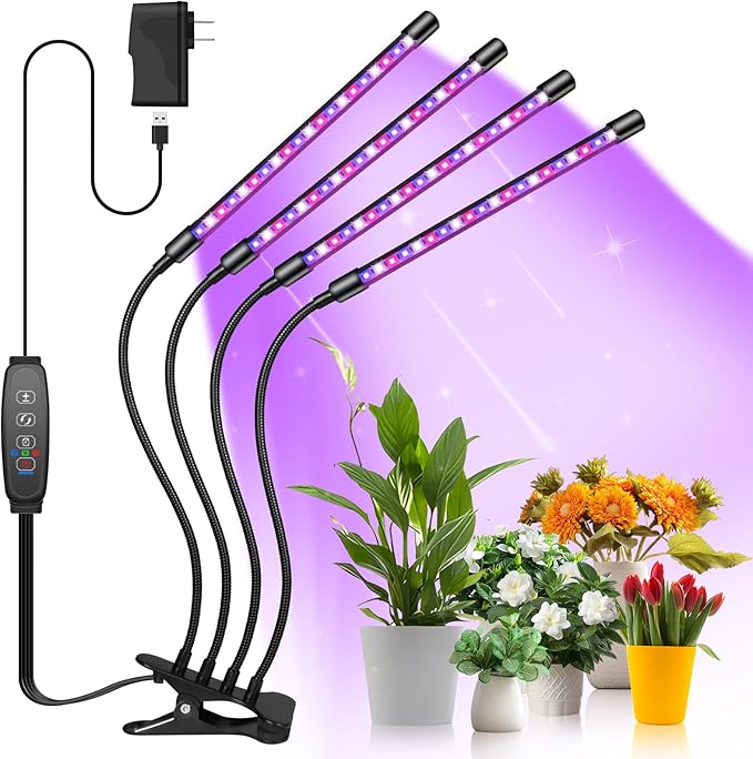 Shyineyou Grow Lights for Indoor Plants Full Spectrum, 80 LEDs Plant Lights for Indoor Growing with 3/9/12H Timer, 3 Color Modes & 9 Brightness, 4 Heads Clip-On Plant Grow Light
