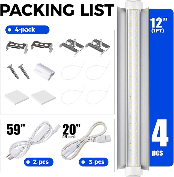 Barrina T8 Grow Lights for Indoor Plants, 5000K White Full Spectrum Grow Light Strip, 60W(4 x 15W), 1FT Plant Light for Greenhouse Indoor Growing, V-Shape with Reflector, Linkable, 4 Packs