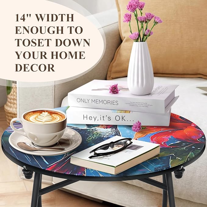 Outdoor Side Tables for Patio, 21" High Round End Table, Weather Resistant Metal Patio Accent Table Indoor and Outdoor End Table for Yard, Garden, Living Room, Bistro, Halloween (Hummingbird)