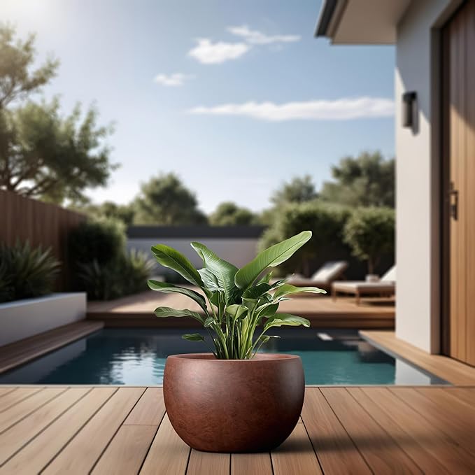 Kante 15.7" Dia Round Concrete Planter, Outdoor/Indoor Large Bowl Plant Pots with Drainage Hole and Rubber Plug for Garden Patio Balcony Home, Rusty