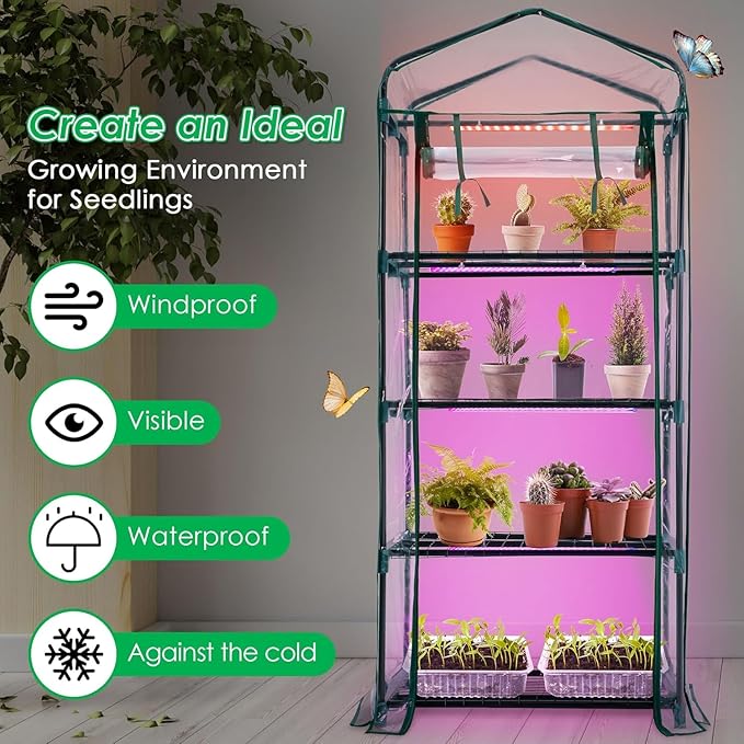 Mini Greenhouse with Grow Light , 4 Tier 27.2" L×19.9" W×61.8" H Portable Greenhouse with Zippered PVC Cover for Seed Starting Trays , Dimmable 2ft 60W Plant Light for Indoor Plant with Timer