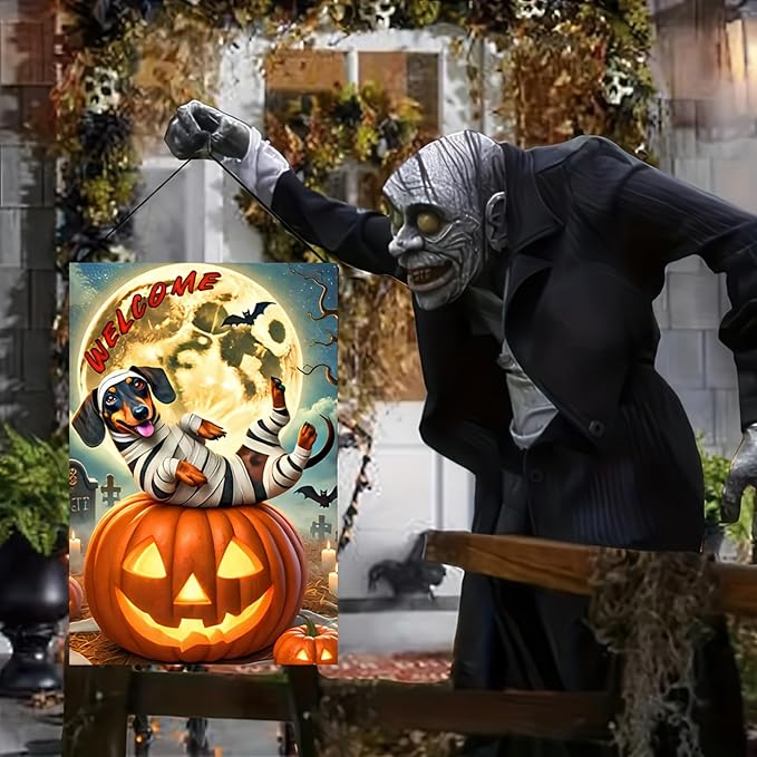 Happy Halloween Garden Flags 12x18 Inch Vertical Double Sided Skeleton Dachshund Dog Garden Flag Small Yard Pumpkin Flag for Outdoor Decor Outside Decoration Banner