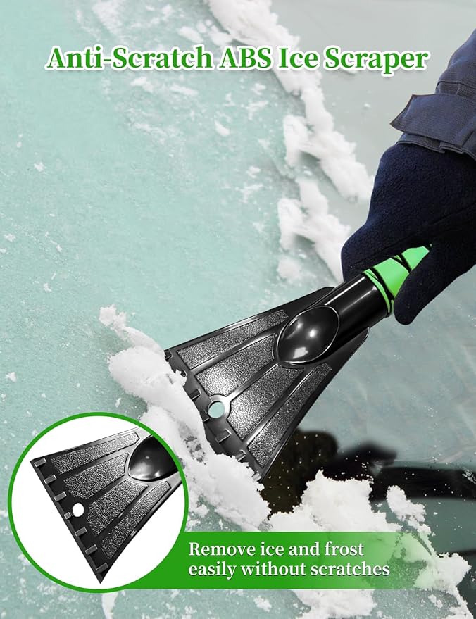 HEEYA Ice Scraper and Brush for Car, Extendable Snow Brush and Ice Scraper for Car Windshield Window, Car Snow Scraper and Brush with Foam Grip for SUV Truck Automobile Vehicle - Green