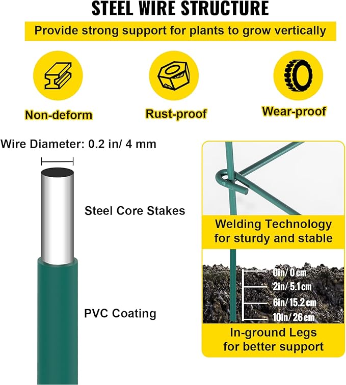 VEVOR Tomato Cages, 14.6" x 14.6" x 39.4", 6 Packs Square Plant Support Cages, Green PVC-Coated Steel Tomato Towers for Climbing Vegetables, Plants, Flowers, Fruits