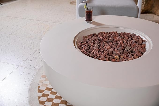 AMS Creations | Eclipse 44" Round Cast Concrete Propane Gas Fire Pit Bowl Table | Cream White | Smooth Texture Surface | Electronic Ignition | Outdoor Patio Heater Outside Backyard Fireplace