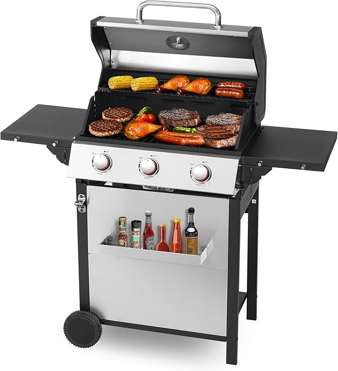 3-Burner Propane Gas Grill with Stainless Steel Cabinet - Outdoor BBQ Grill Side Table, Knob Controls, Cast Iron Grates & Thermometer