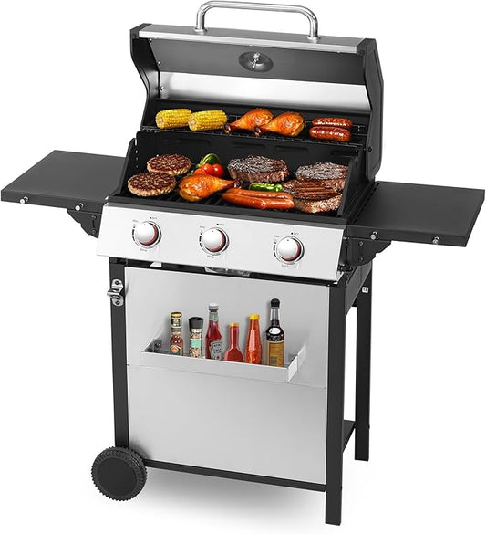 3-Burner Propane Gas Grill with Stainless Steel Cabinet - Outdoor BBQ Grill Side Table, Knob Controls, Cast Iron Grates & Thermometer