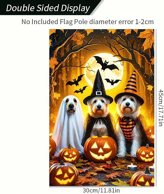 Halloween Ghost Dog Garden Flag Scary Pumpkin Cute Dogs Trio in Witch and Ghost Garden Flag Vertical Double Sided 12x18 Inch Welcome Yard Flag for Halloween Farmhouse Holiday Yard Outdoor