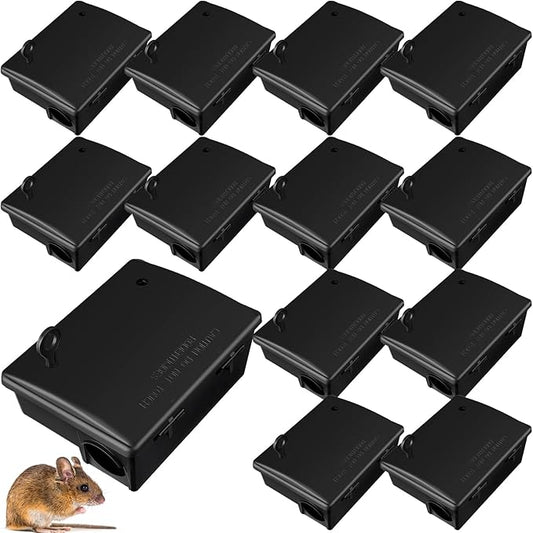 Qualirey Rat Bait Stations Large Rodent with Key Reusable Mouse Stations Mice Blocks Heavy Duty Boxes for Outdoor Rodents Mice Blocks, Bait Not Included(Black,12 Pack)
