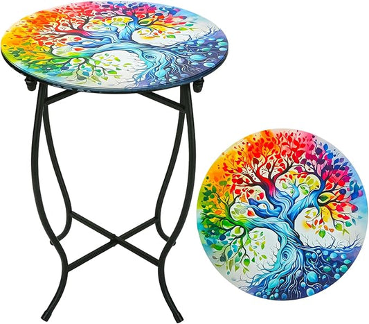 Outdoor Side Tables, 14" Round Patio Side Table, Plant Stand for Indoor Outdoor, Weather Resistant Metal End Table Side Table for Patio Yard Porch Balcony Garden Bedside