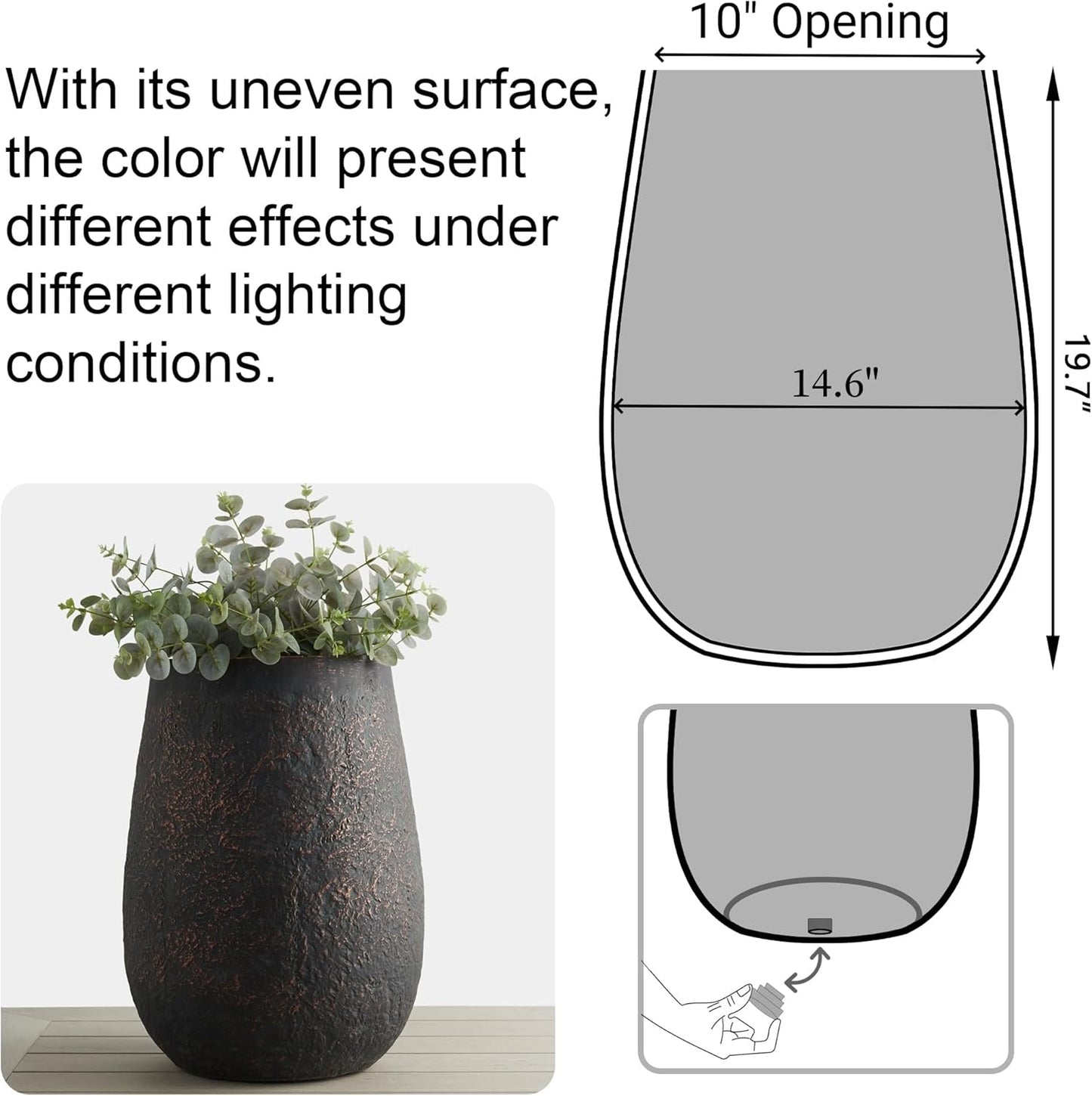 Weathered Concrete 19.7 Inch Tall Planter, Large Decorative Flower Pot with Drainage Hole, Round Plant Container for Home, Garden, Patio, Courtyard, A Dusting of Bronze Rust with Green Tone, 1 Pack