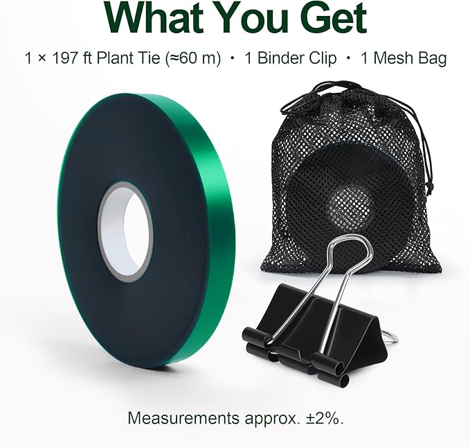 Stretch Plant Tie Tape – Reusable PVC Garden Ties for Plants, Green Flexible Garden Tape for Branches, Vines, Shrubs, Flowers, Trees, Indoor & Outdoor Use (196 ft)