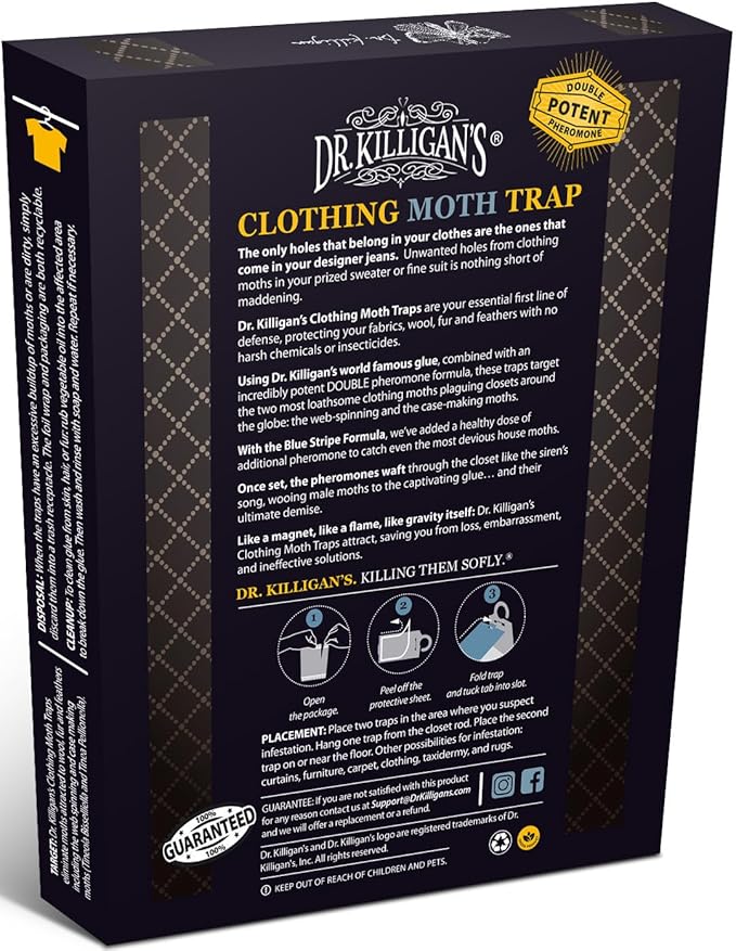 Dr. Killigan's Premium Double Potent Clothing Moth Traps with Pheromones Prime, Organic Clothes Moth Trap with Lure for Closets & Carpet, Case Making & Web Spinning (6 Pack, Black)