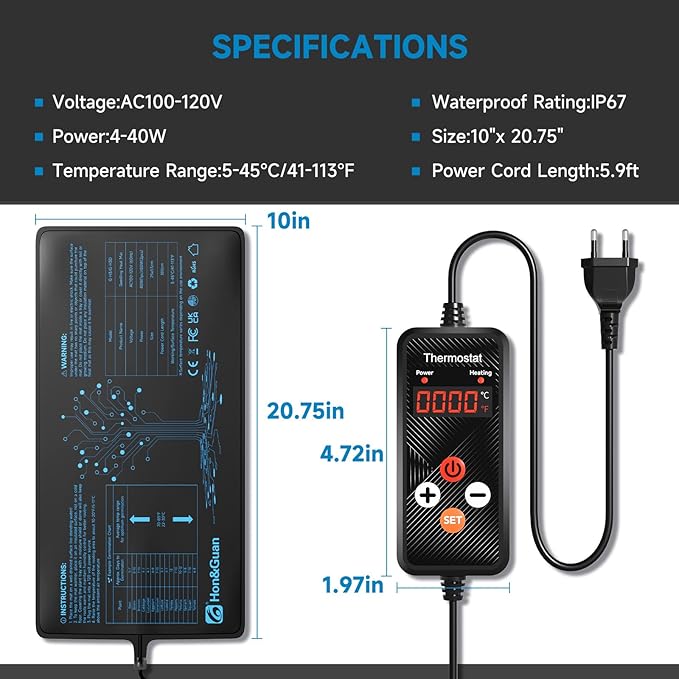 Hon&Guan 10"x 20.75" Seedling Heat Mat with Digital Thermostat Combo Set,Waterproof Plant Heating Pad for Germination,Indoor Gardening,Greenhouse