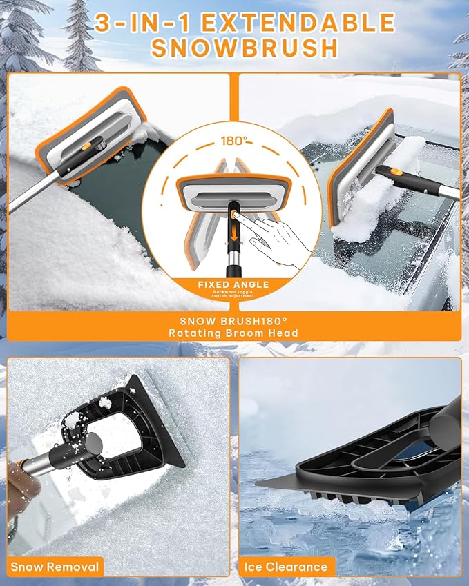 helloleiboo 39.8" 3-in-1 Snow Brush for Car Snow Broom Extendable Snow Brush and Ice Scraper 12-Inch Pivoting Foam Head Snow Scraper for Christmas Car Truck SUV (Orange)