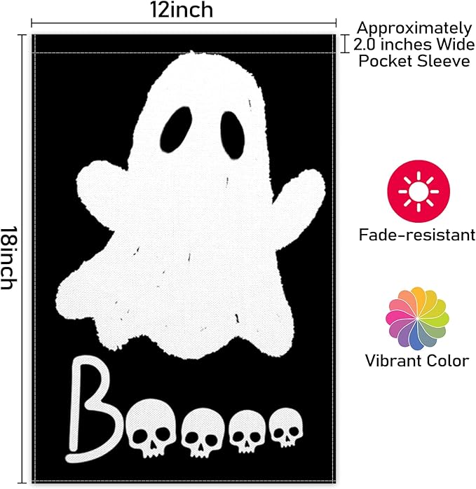 ChloropLastid Halloween Ghost Garden Flag Double Sided 12x18 Inch Scary Boo Black Holiday Yard Flag Small Burlap Outdoor Decorations