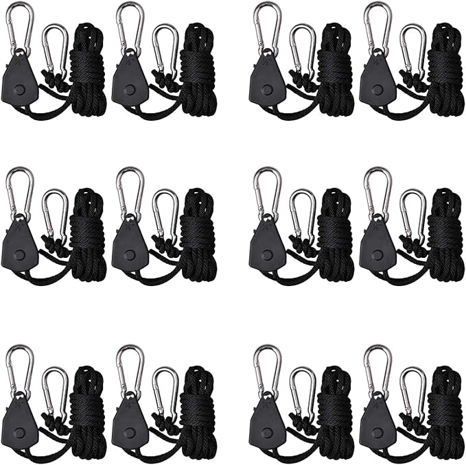 6 Pairs 1/8 inch Adjustable Heavy Duty Rope Hanger for Grow Light, Grow Tent Rope Clip Hanger Loose-Proof Design Light Fixture Hangers, 150lbs Weight Capacity 12 Pcs