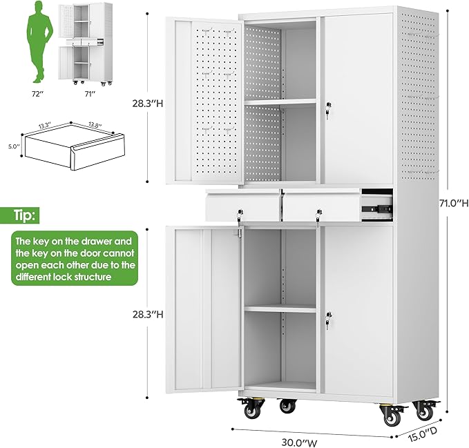 71" H Rolling Tool Storage Cabinet with Pegboard and 2 Drawers,Metal Garage Storage Cabinet with Wheels 4 Doors and Adjustable Shelves for Garage, Kitchen,Office,Required Assembly,White