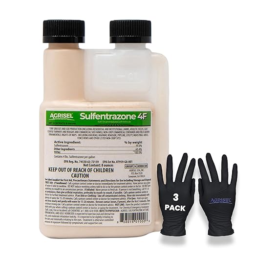 Sulfentrazone 4F Weed Killer, Pre-Emergent and Post-Emergent, Broad-Spectrum Control, Stops 100+ Weeds, Pet Safe, Includes 3-Pack of Agrisel Protective Gloves, 8 Ounces