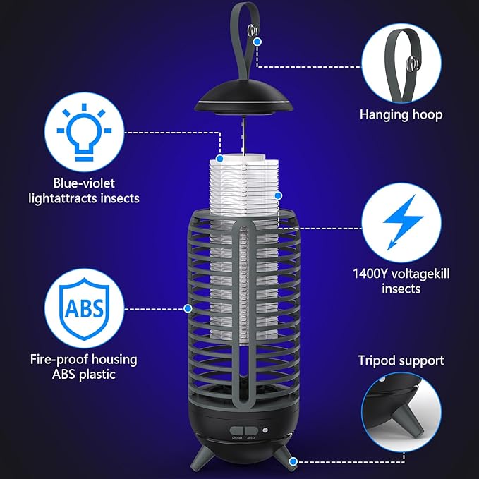 Bug Zapper Outdoor Rechargeable 2 in 1 Wireless Mosquito Killer Lamp 2500mAh Bug Zapper Electric Trap Ideal Fly Zapper Indoor for Patio, Home, Backyard, Yard, Garden, Campsite (Black) 1