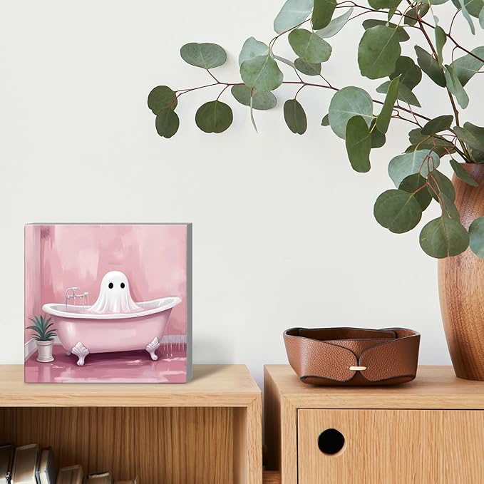 Mtrgdn Cute Halloween Decor,Halloween Decorations Indoor,Pink Ghost Bathroom Decor Wooden Box Sign,Halloween Home Office Kitchen Bathroom Bedroom Desk Table Shelf Wall Decorations,5x5 Inch