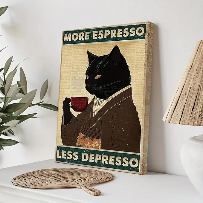 Black Cat Coffee Canvas Framed Wall Art Print, Funny Animal Picture Painting, 11.5x15 inches, Wall decor for Living Room, Bedroom, Bathroom