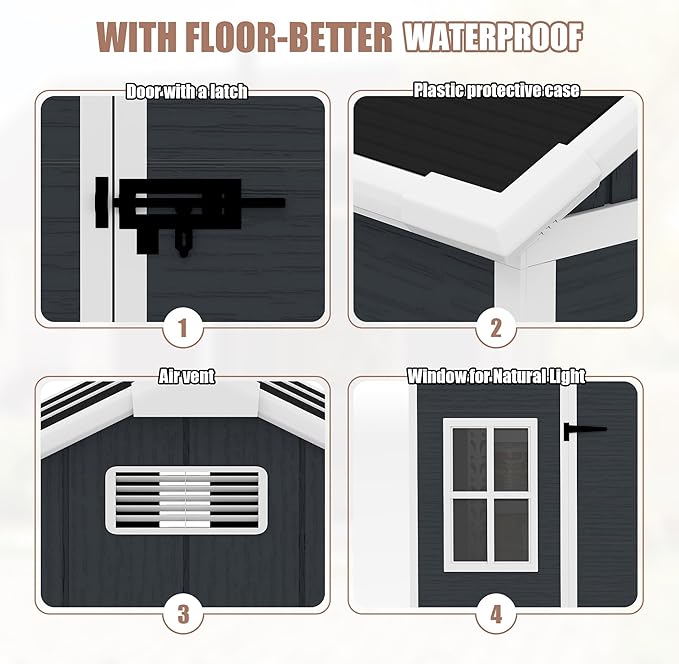 Resin Storage Shed 8x7ft, Large Tool Shed with Floor, Two-Window, Lockable Doors and Vents, 12mm Thick pp Board, Outdoor Storage Sheds for Patio, Garden, Backyard, Lawn (Dark Gray, 8 * 7ft)