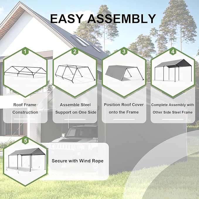 Carport, 10x20ft Heavy Duty Portable Garage, Car Port with Storage Shed, Car Canopy Car Tent with Steel Frame All-Season Tarp for Car, Truck, Boat, Party (B-Rice)