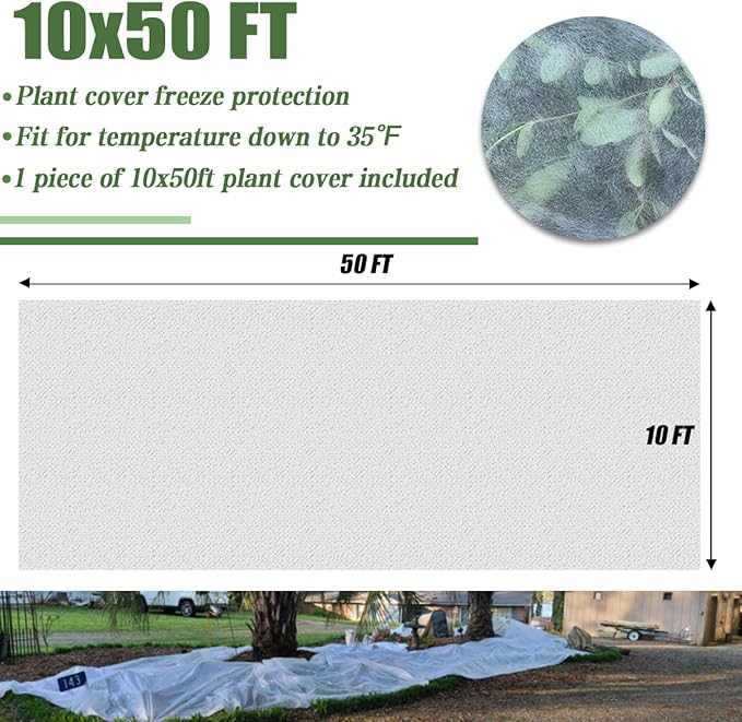 Plant Covers Freeze Protection, 10FT x 50FT 0.9oz Reusable Floating Row Cover Plant Blankets Frost Cloth for Clod Winter Frost Sun Pest Protection