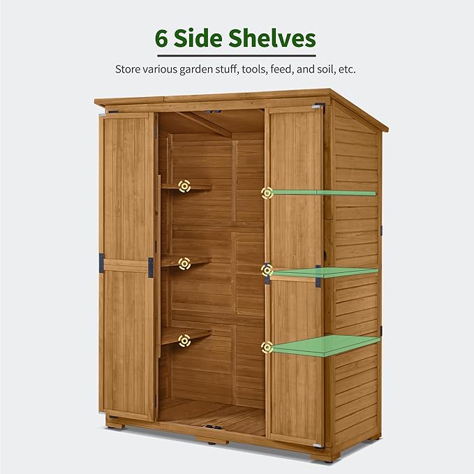 Macrout Large Outdoor Storage Cabinet with 6 Shelves (4.8 x 2.2 x 6.5 ft), Outside Storage Shed with Lock, Wooden Garden Shed for Yard Patio Lawn, 1738 (Natural)