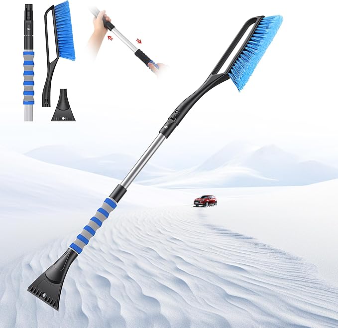 37'' Snow Brush and Ice Scraper for Car Windshield, Aluminum Extendable Snow Removal Tool for Car Window with Foam Grip for SUV Truck Auto Vehicle Winter Accessories - Blue