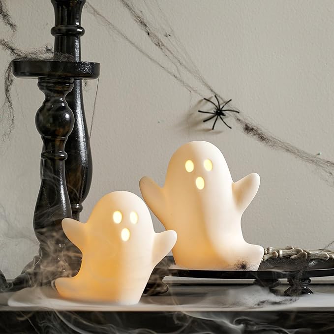 WDS WONDROUS Halloween Decorations Light Up Ghost Figurines Set of 2, White Floating Ghost Statues with LED, Ceramic Cute Halloween Figurines Decor for Tabletop Shelf Mantel Desk Indoor